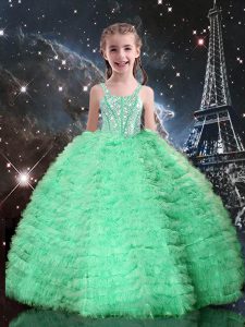 New Arrival Apple Green High School Pageant Dress Quinceanera and Wedding Party with Beading and Ruffled Layers Straps Sleeveless Lace Up