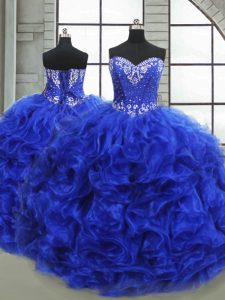 High Quality Royal Blue Organza Lace Up Sweetheart Sleeveless Floor Length Sweet 16 Quinceanera Dress Beading and Ruffles