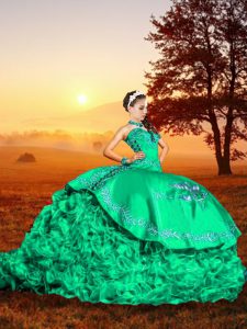 Colorful Turquoise 15th Birthday Dress Organza Brush Train Sleeveless Embroidery and Ruffles