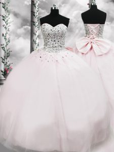 Pink Sleeveless Tulle Brush Train Lace Up Quinceanera Dress for Military Ball and Sweet 16 and Quinceanera