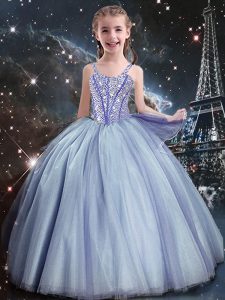 Hot Sale Light Blue Ball Gowns Beading Girls Pageant Dresses Lace Up Tulle Sleeveless Floor Length