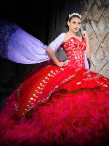Colorful Sleeveless Organza Brush Train Lace Up Ball Gown Prom Dress in Red with Embroidery and Ruffles