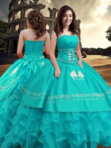 Turquoise Zipper 15 Quinceanera Dress Embroidery and Ruffled Layers Sleeveless Floor Length