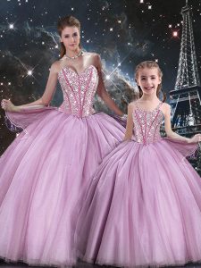 Lilac Ball Gowns Tulle Sweetheart Sleeveless Beading Floor Length Lace Up 15th Birthday Dress