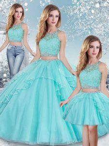 Floor Length Three Pieces Sleeveless Aqua Blue Ball Gown Prom Dress Clasp Handle