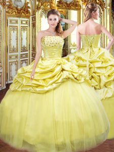 Suitable Strapless Sleeveless Lace Up Sweet 16 Dresses Gold Taffeta