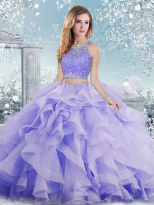 Lavender Clasp Handle Scoop Beading and Ruffles 15th Birthday Dress Organza Sleeveless