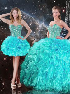 Extravagant Aqua Blue 15 Quinceanera Dress Military Ball and Sweet 16 and Quinceanera with Beading and Ruffles Sweetheart Sleeveless Lace Up