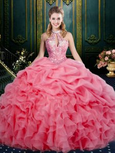 Sophisticated Sleeveless Floor Length Beading and Ruffles and Pick Ups Lace Up Flower Girl Dress with Watermelon Red