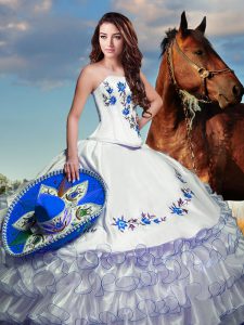 Sexy Taffeta Strapless Long Sleeves Lace Up Embroidery and Ruffled Layers Sweet 16 Quinceanera Dress in White