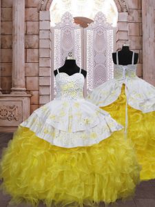 Elegant Gold Ball Gowns Organza Spaghetti Straps Sleeveless Embroidery and Ruffles Lace Up Girls Pageant Dresses Brush Train