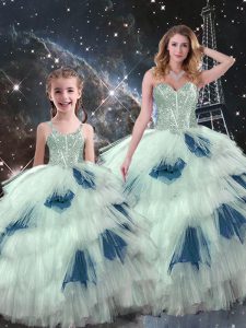 Customized Floor Length Multi-color Quince Ball Gowns Organza Sleeveless Beading and Ruffled Layers