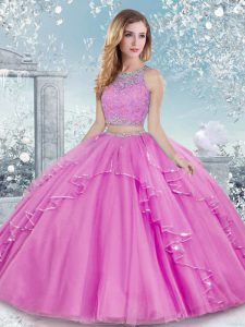 Lilac Quinceanera Gown Military Ball and Sweet 16 and Quinceanera with Beading and Lace Scoop Sleeveless Clasp Handle