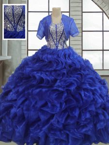 Designer Floor Length Lace Up 15 Quinceanera Dress Royal Blue for Military Ball and Sweet 16 and Quinceanera with Ruffles