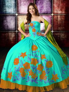 Multi-color Strapless Lace Up Embroidery 15th Birthday Dress Sleeveless