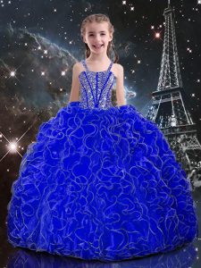 Royal Blue Organza Lace Up High School Pageant Dress Sleeveless Floor Length Beading and Ruffles