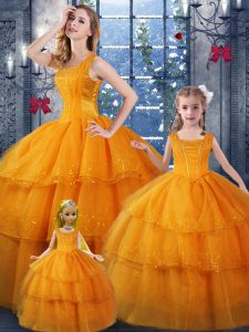 Best Straps Sleeveless Organza Quince Ball Gowns Ruffled Layers Lace Up