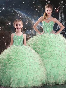 Dynamic Sleeveless Floor Length Beading and Ruffles Lace Up 15th Birthday Dress with Apple Green