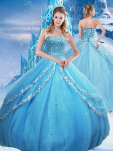 Fantastic Baby Blue Ball Gowns Beading and Appliques and Sequins Quinceanera Dresses Lace Up Tulle Sleeveless Floor Length
