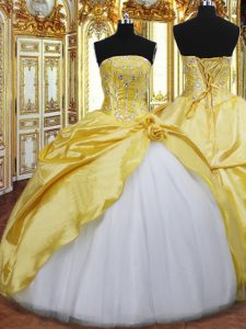 Fitting Gold Lace Up 15th Birthday Dress Beading and Hand Made Flower Sleeveless Floor Length