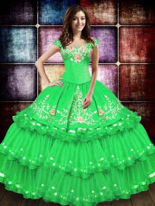 Sleeveless Lace Up Floor Length Embroidery and Ruffled Layers 15th Birthday Dress