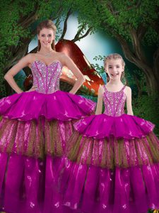 Cheap Fuchsia Ball Gowns Organza Sweetheart Sleeveless Beading and Ruffled Layers Floor Length Lace Up 15 Quinceanera Dress
