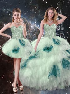 Tulle Sweetheart Sleeveless Lace Up Beading and Ruffled Layers and Sequins Sweet 16 Dress in Multi-color