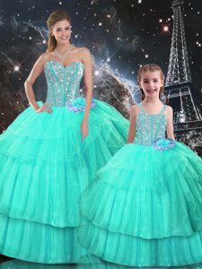Sleeveless Floor Length Ruffled Layers Lace Up 15th Birthday Dress with Turquoise