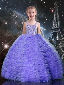 Simple Lavender Straps Lace Up Beading and Ruffled Layers Little Girls Pageant Dress Wholesale Short Sleeves