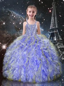Affordable Ball Gowns Child Pageant Dress Lavender Straps Organza Sleeveless Floor Length Lace Up