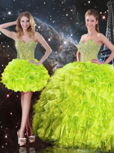 Great Yellow Green Ball Gowns Beading and Ruffles Vestidos de Quinceanera Lace Up Organza Sleeveless Floor Length