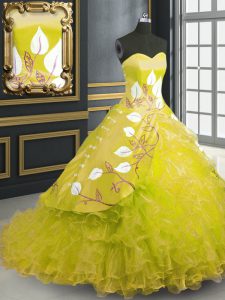 Smart Yellow Ball Gowns Embroidery and Ruffles Sweet 16 Dresses Lace Up Organza Sleeveless