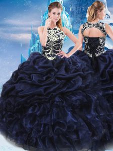 Fabulous Taffeta High-neck Sleeveless Lace Up Appliques and Ruffles and Pick Ups Vestidos de Quinceanera in Navy Blue