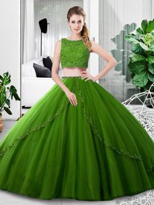 Luxurious Sleeveless Tulle Floor Length Zipper Quince Ball Gowns in Olive Green with Lace and Ruching