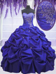 Eye-catching Navy Blue Ball Gowns Beading and Pick Ups Sweet 16 Dresses Lace Up Taffeta Sleeveless Floor Length
