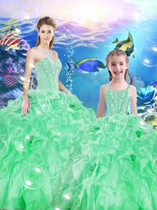 Low Price Apple Green Ball Gowns Sweetheart Sleeveless Organza Floor Length Lace Up Beading and Ruffles Quinceanera Gown