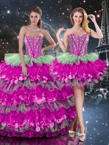 Sweetheart Sleeveless 15th Birthday Dress Floor Length Beading and Ruffles and Ruffled Layers Multi-color Organza