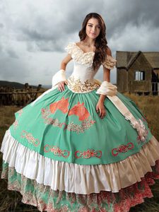 Decent Sleeveless Embroidery and Ruffled Layers Lace Up 15 Quinceanera Dress with Multi-color Brush Train