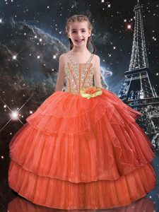 Floor Length Lace Up Little Girls Pageant Dress Wholesale Orange Red for Quinceanera and Wedding Party with Beading and Ruffled Layers