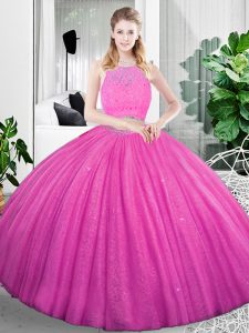 Exceptional Organza Scoop Sleeveless Zipper Lace and Ruching Sweet 16 Quinceanera Dress in Fuchsia