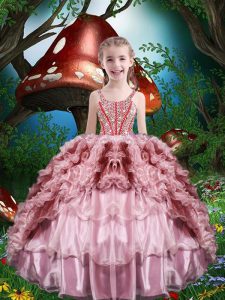 Sleeveless Floor Length Beading and Ruffles and Ruffled Layers Lace Up Little Girl Pageant Gowns with Baby Pink