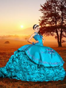 Dramatic Baby Blue Sleeveless Organza Brush Train Lace Up Quinceanera Dress for Military Ball and Sweet 16 and Quinceanera