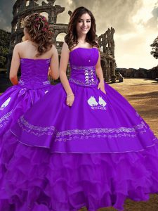 Purple Quinceanera Dress Military Ball and Sweet 16 and Quinceanera with Embroidery and Ruffled Layers Strapless Sleeveless Zipper