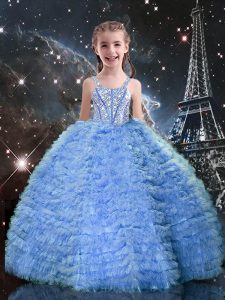 Discount Floor Length Baby Blue Kids Pageant Dress Tulle Sleeveless Beading and Ruffled Layers