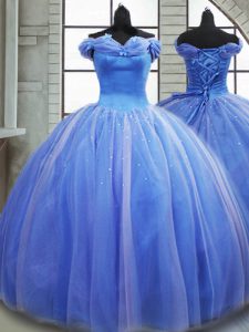 Light Blue Tulle Lace Up Off The Shoulder Sleeveless 15 Quinceanera Dress Brush Train Pick Ups