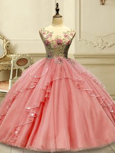 Nice Watermelon Red Lace Up Sweet 16 Dresses Appliques Sleeveless Floor Length