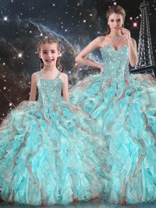 Sweetheart Sleeveless Ball Gown Prom Dress Floor Length Beading and Ruffles Aqua Blue Organza