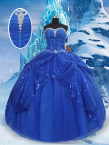 Clearance Sleeveless Floor Length Beading and Pick Ups Lace Up Quinceanera Gowns with Royal Blue