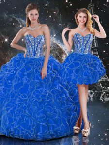 Dynamic Blue Lace Up Sweetheart Beading and Ruffles Quince Ball Gowns Organza Sleeveless