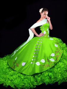 Organza Lace Up Quinceanera Gowns Sleeveless Brush Train Embroidery and Ruffles